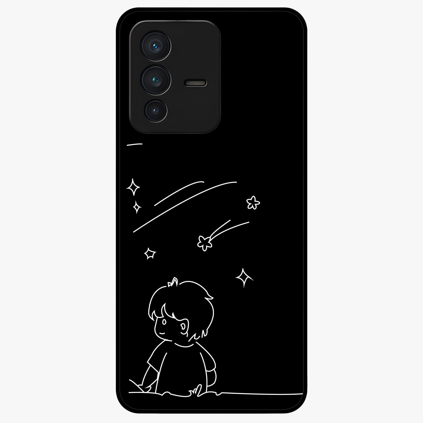 Line Art Boy With Shooting Stars Glass Case showing flat back view with minimal line art boy and shooting stars illustration and glossy glass finish.