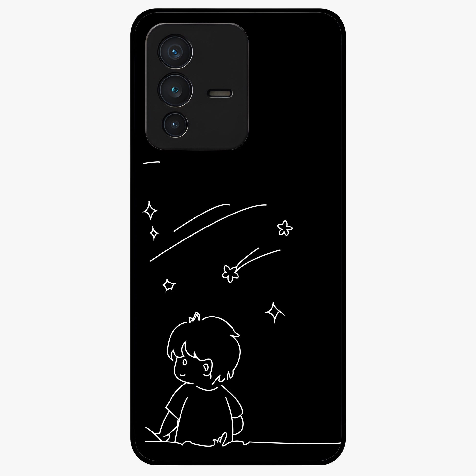 Line Art Boy With Shooting Stars Glass Case showing flat back view with minimal line art boy and shooting stars illustration and glossy glass finish.