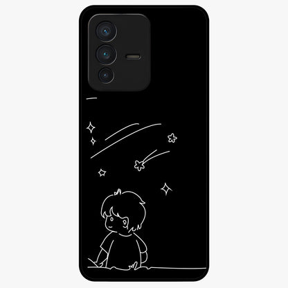 Line Art Boy With Shooting Stars Glass Case showing flat back view with minimal line art boy and shooting stars illustration and glossy glass finish.