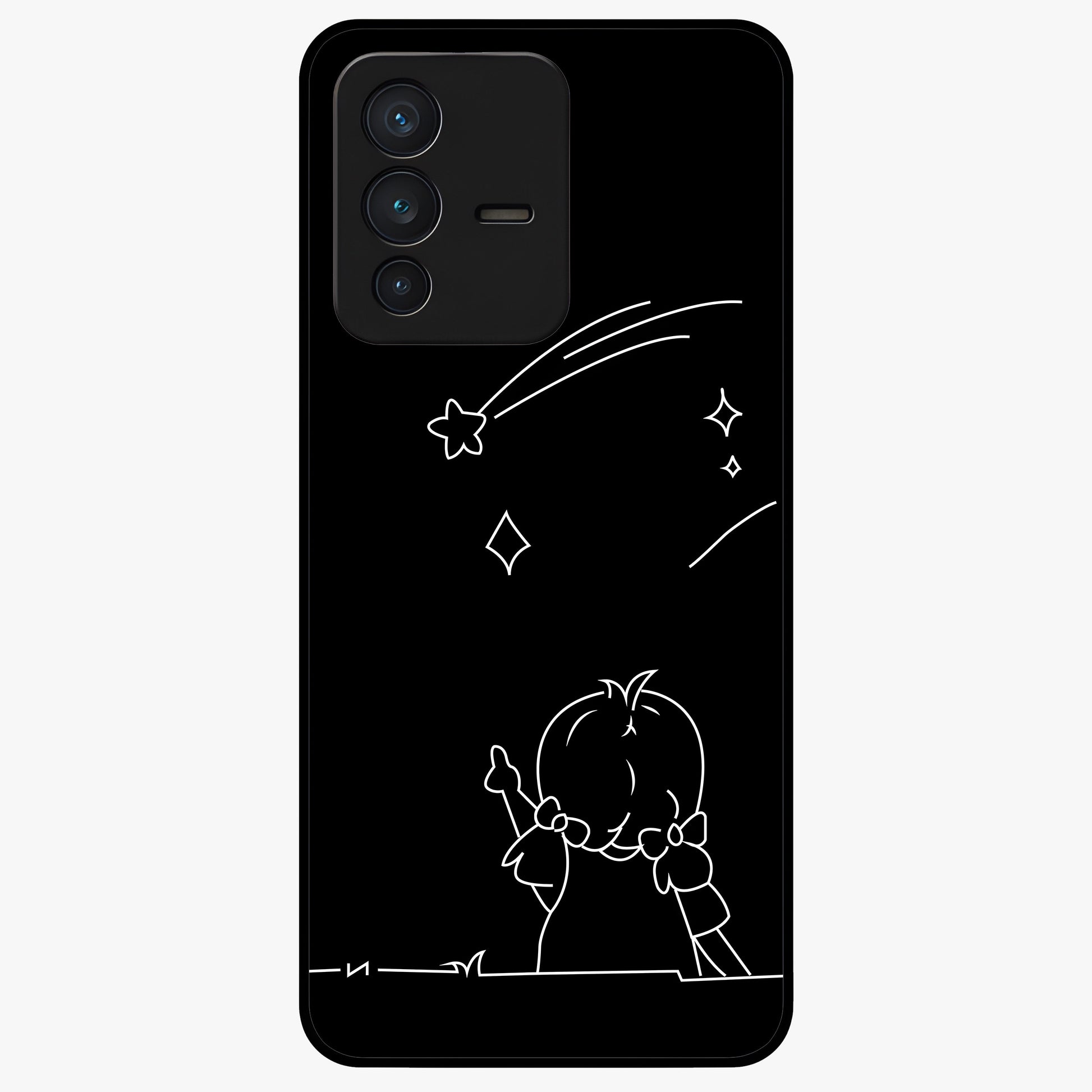 Line Art Girl With Shooting Stars Glass Case showing flat back view with minimal line art girl and shooting stars illustration and glossy glass finish.