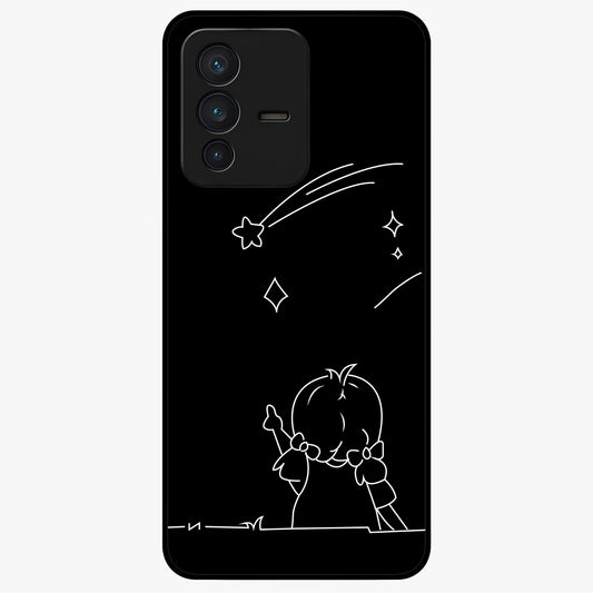 Line Art Girl With Shooting Stars Glass Case showing flat back view with minimal line art girl and shooting stars illustration and glossy glass finish.