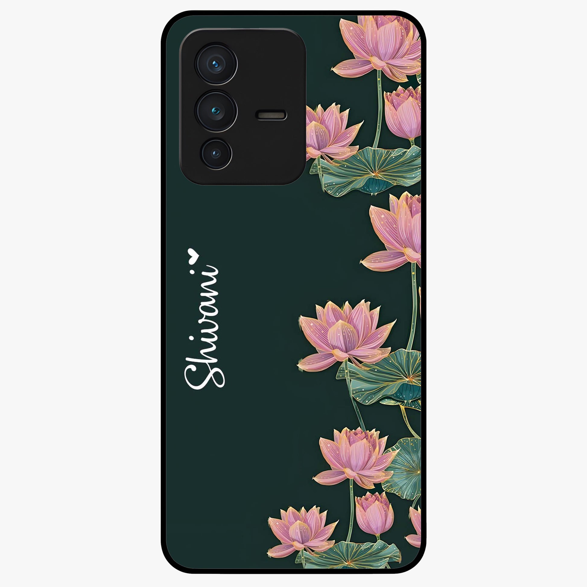 Lotus Bloom Serenity Custom Name Glass Case showing flat back view with elegant lotus flower artwork and personalized name design.