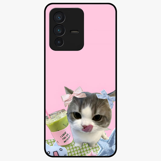 Love Matcha Cat Glass Case showing flat back view with cute cat and matcha themed artwork and glossy glass finish.
