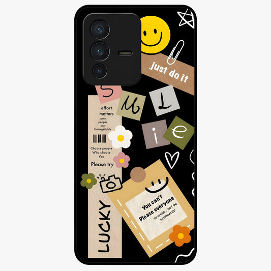 Lucky Aesthetic Collage Glass Case showing flat back view with trendy aesthetic collage artwork and glossy glass finish.