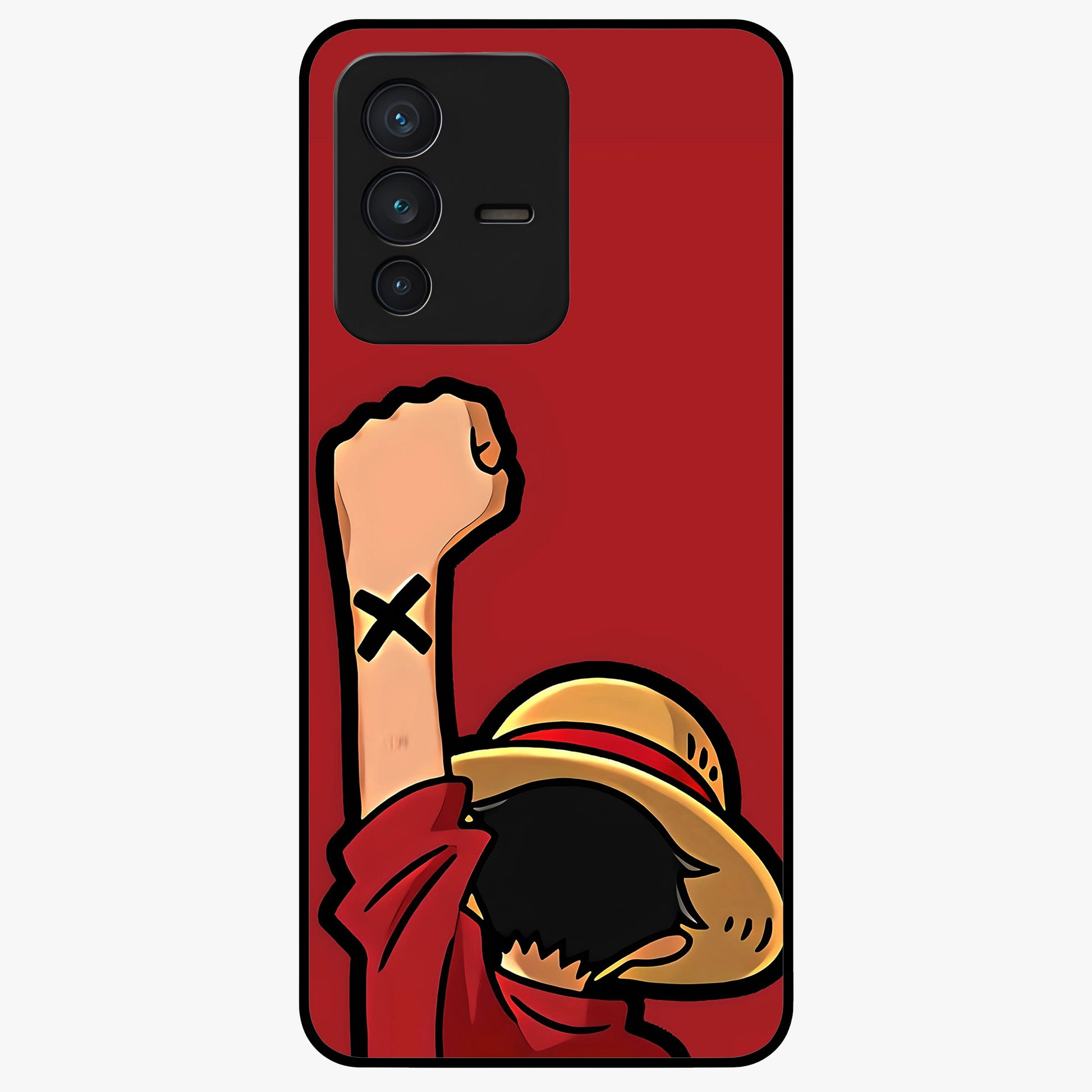 Luffy X Spirit Glass Case showing flat back view with bold anime character artwork and glossy glass finish.