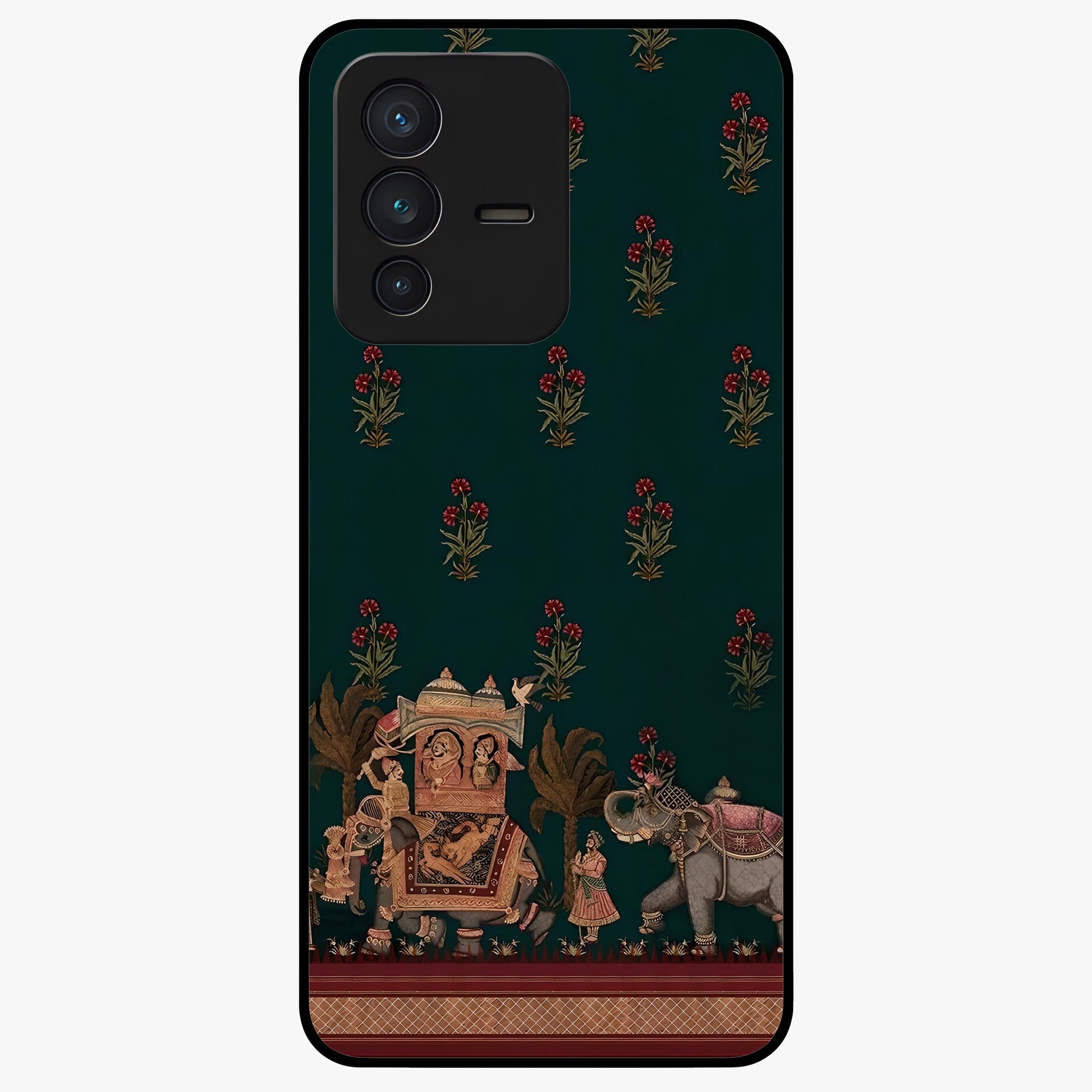 Macmerise Glass Case showing flat back view with stylish modern artwork and glossy glass finish.