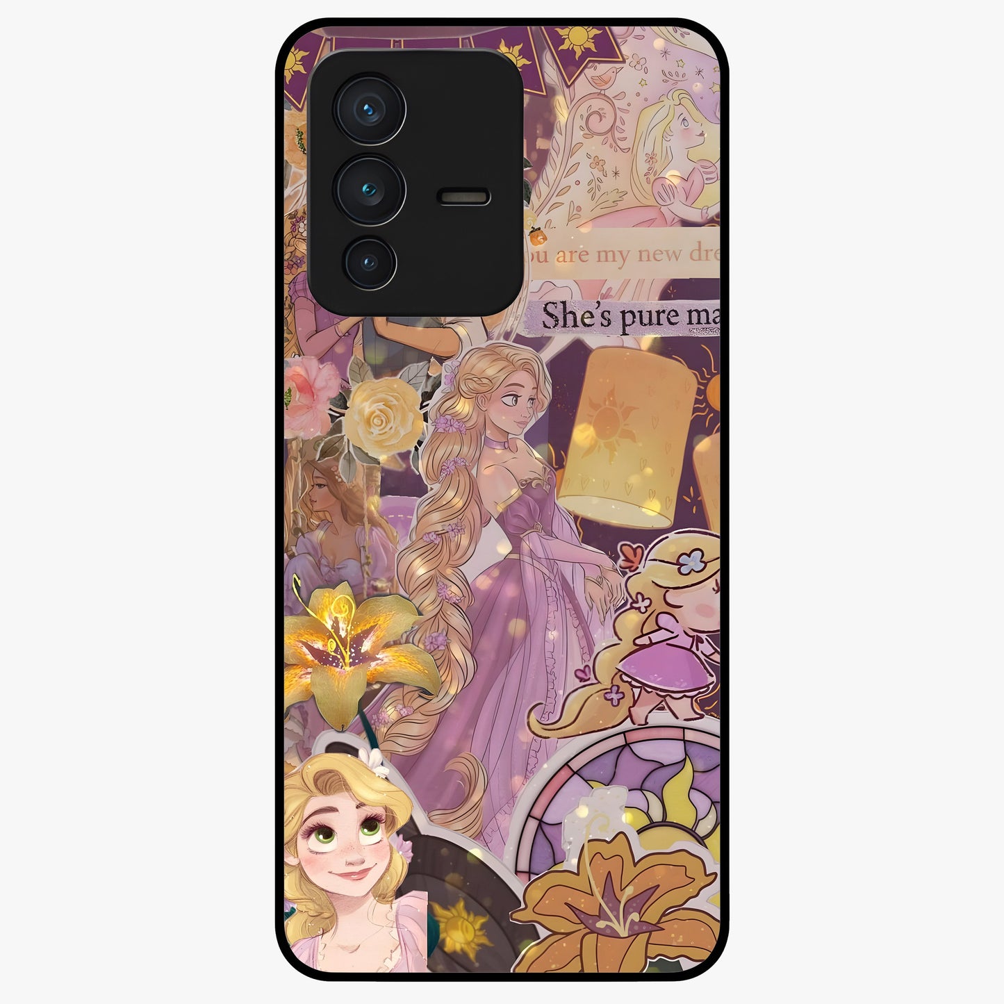 Magical Tangled Dream Glass Case showing flat back view with dreamy tangled artwork and glossy glass finish.
