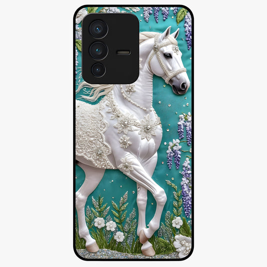Majestic Floral Stallion Glass Case showing flat back view with powerful horse and floral artwork and glossy glass finish.