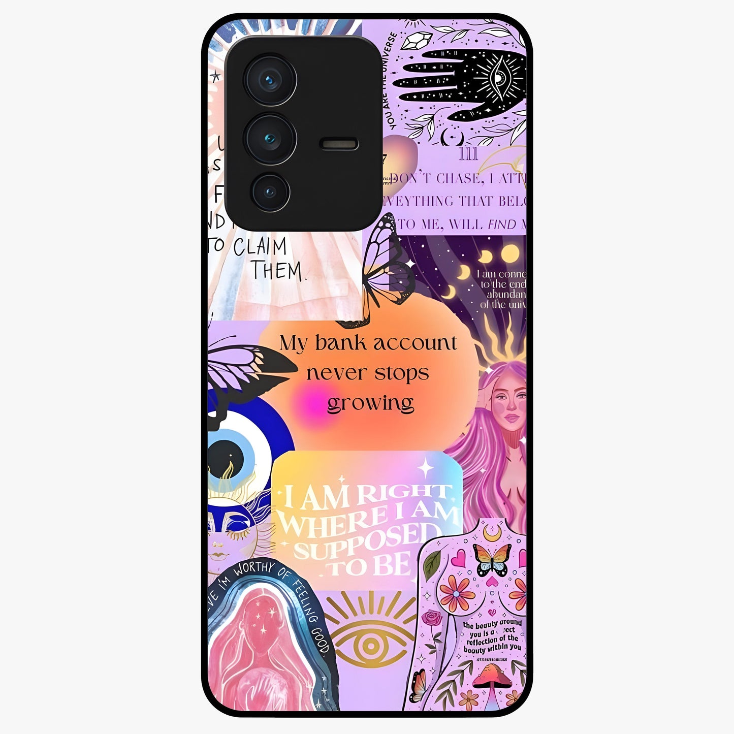 Manifestation Collage Glass Case showing flat back view with motivational collage artwork and glossy glass finish.