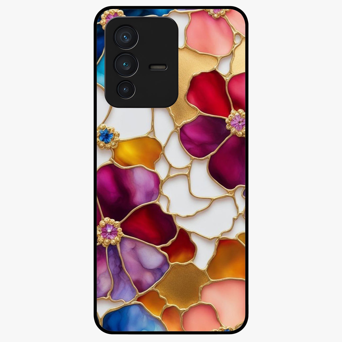 Marble Flower Pattern Glass Case showing flat back view with marble texture floral artwork and glossy glass finish.