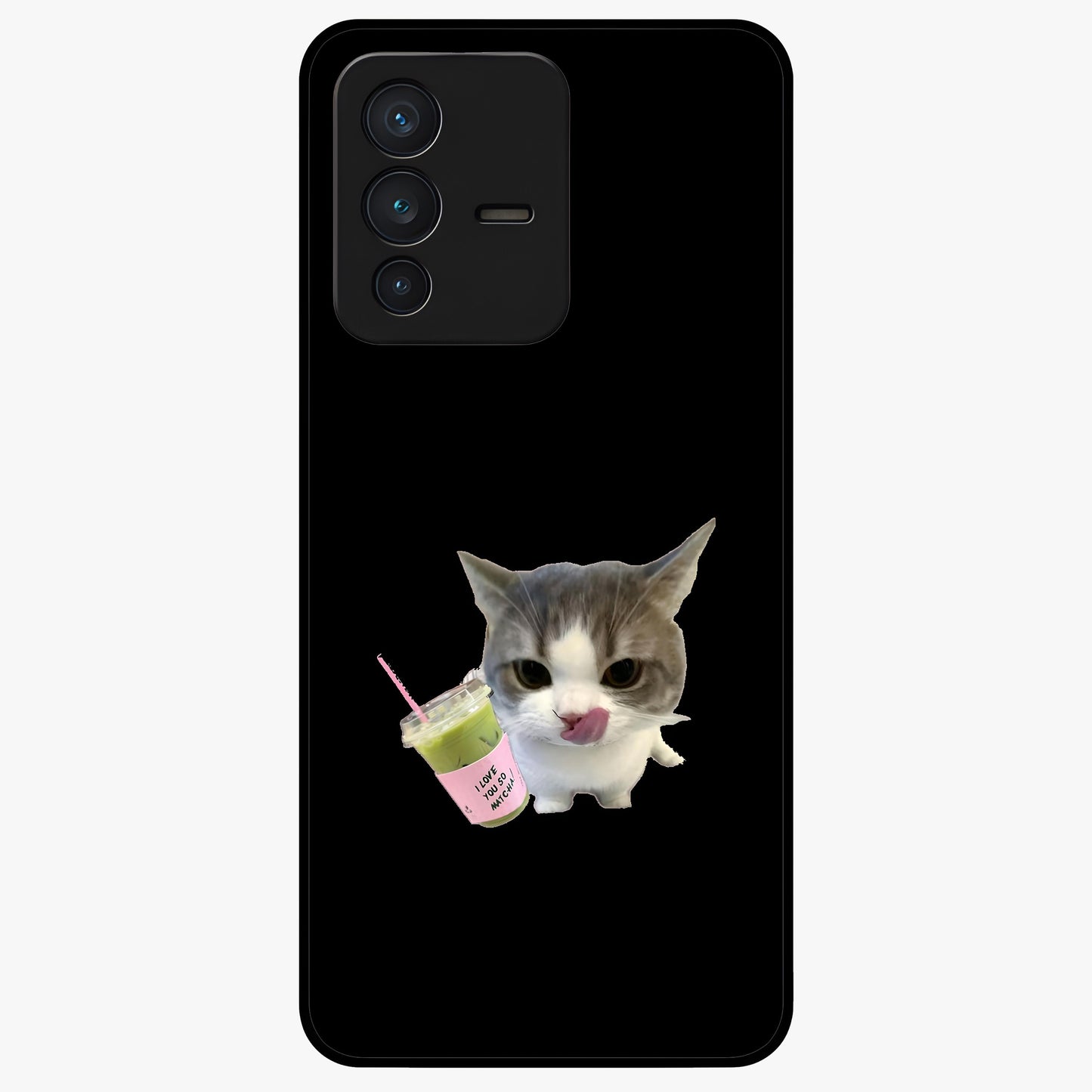 Matcha Cat Style Glass Case showing flat back view with cute matcha themed cat artwork and glossy glass finish.