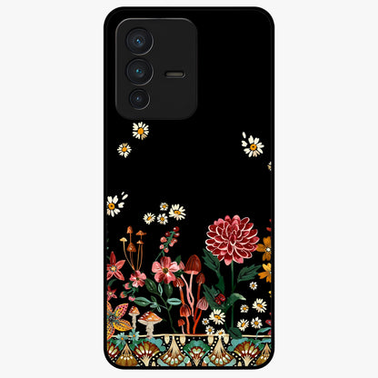 Midnight Bloom Pattern Glass Case showing flat back view with dark floral pattern artwork and glossy glass finish.