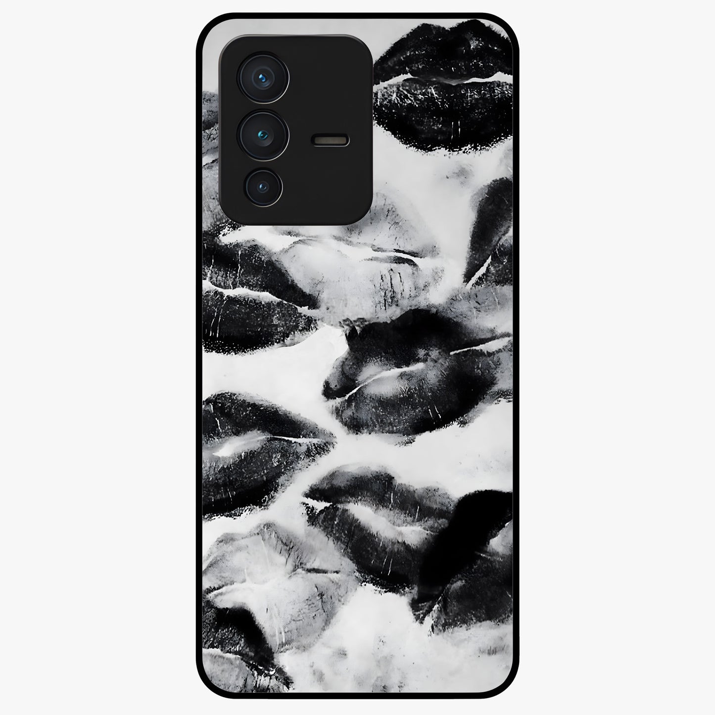 Midnight Kiss Marks Glass Case showing flat back view with lipstick kiss mark artwork and glossy glass finish.