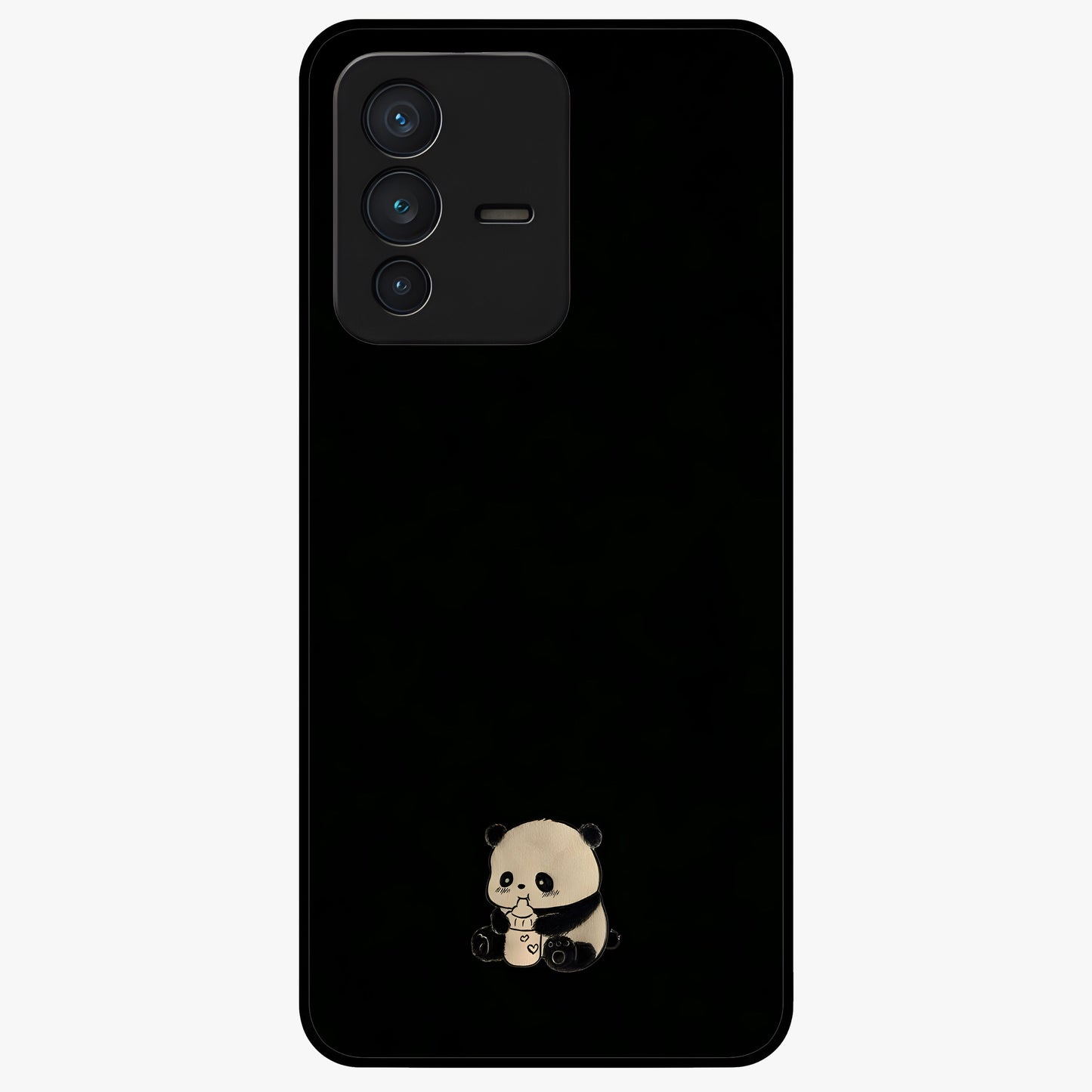 Midnight Panda Love Glass Case showing flat back view with cute panda themed artwork and glossy glass finish.