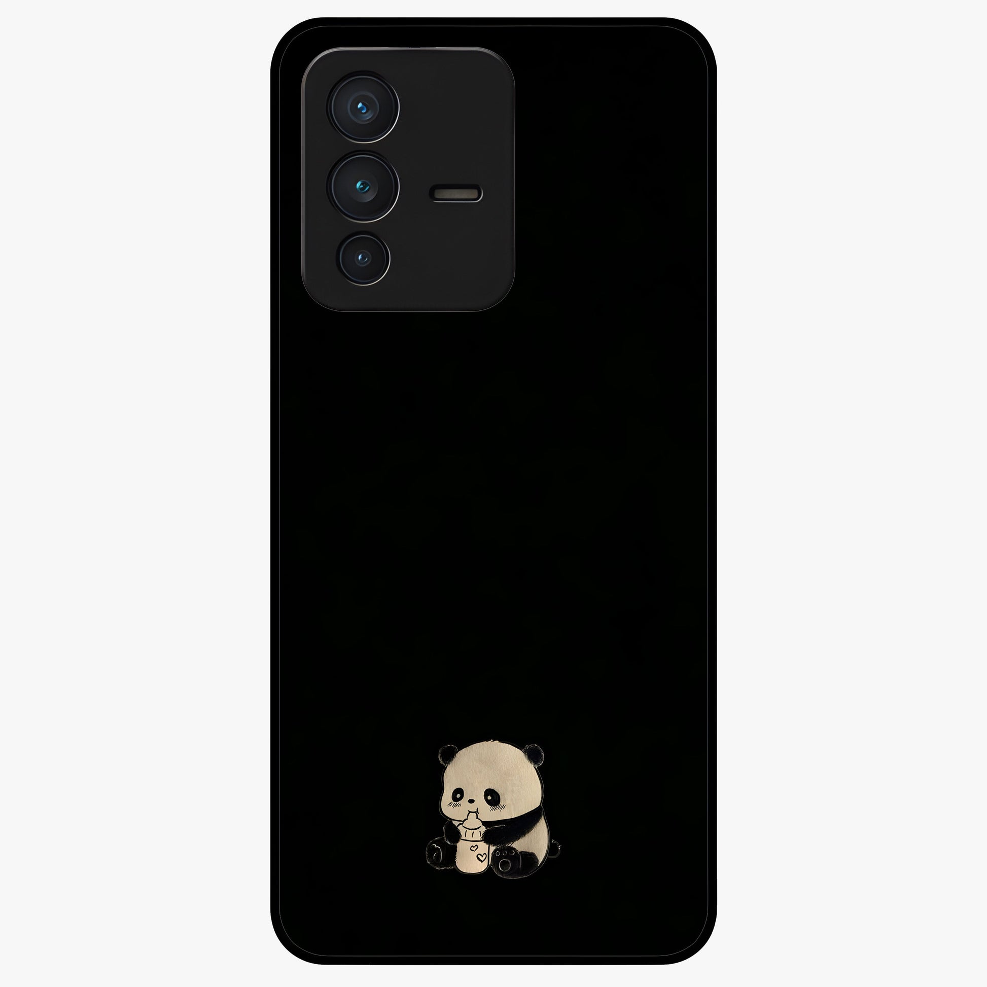 Midnight Panda Love Glass Case showing flat back view with cute panda themed artwork and glossy glass finish.
