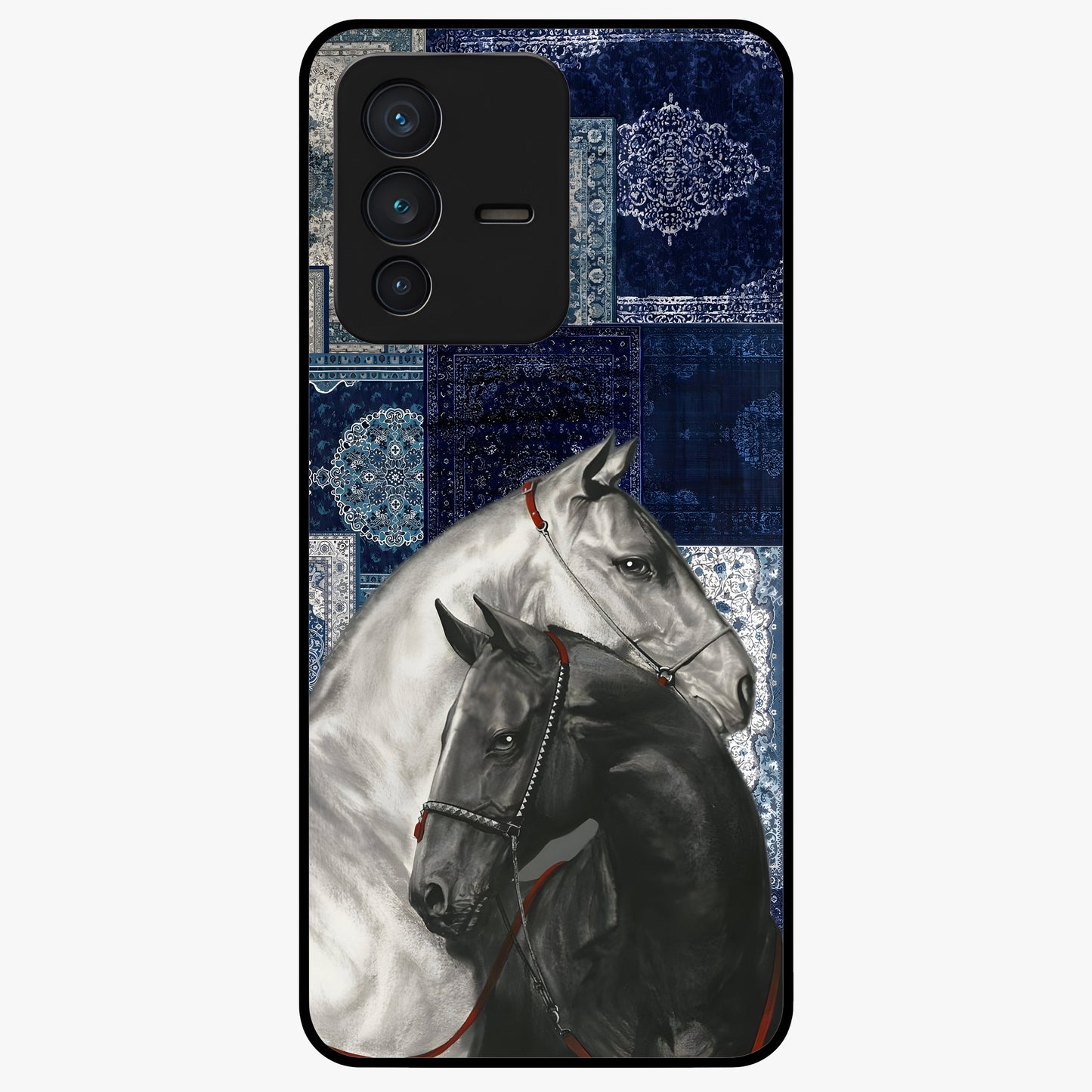 Midnight Stallion Blues Glass Case showing flat back view with majestic horse artwork and glossy glass finish.