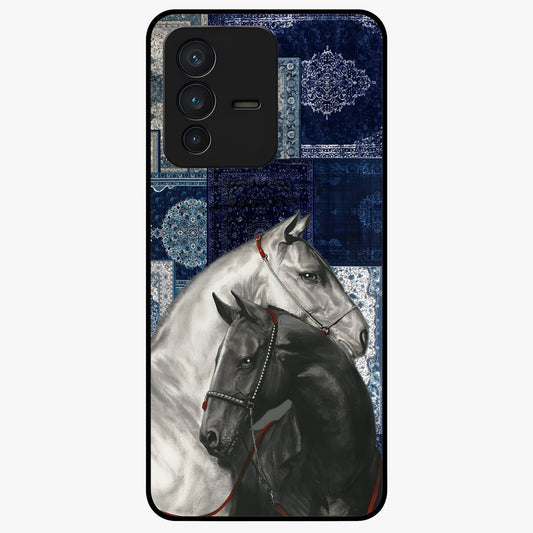 Midnight Stallion Blues Glass Case showing flat back view with majestic horse artwork and glossy glass finish.