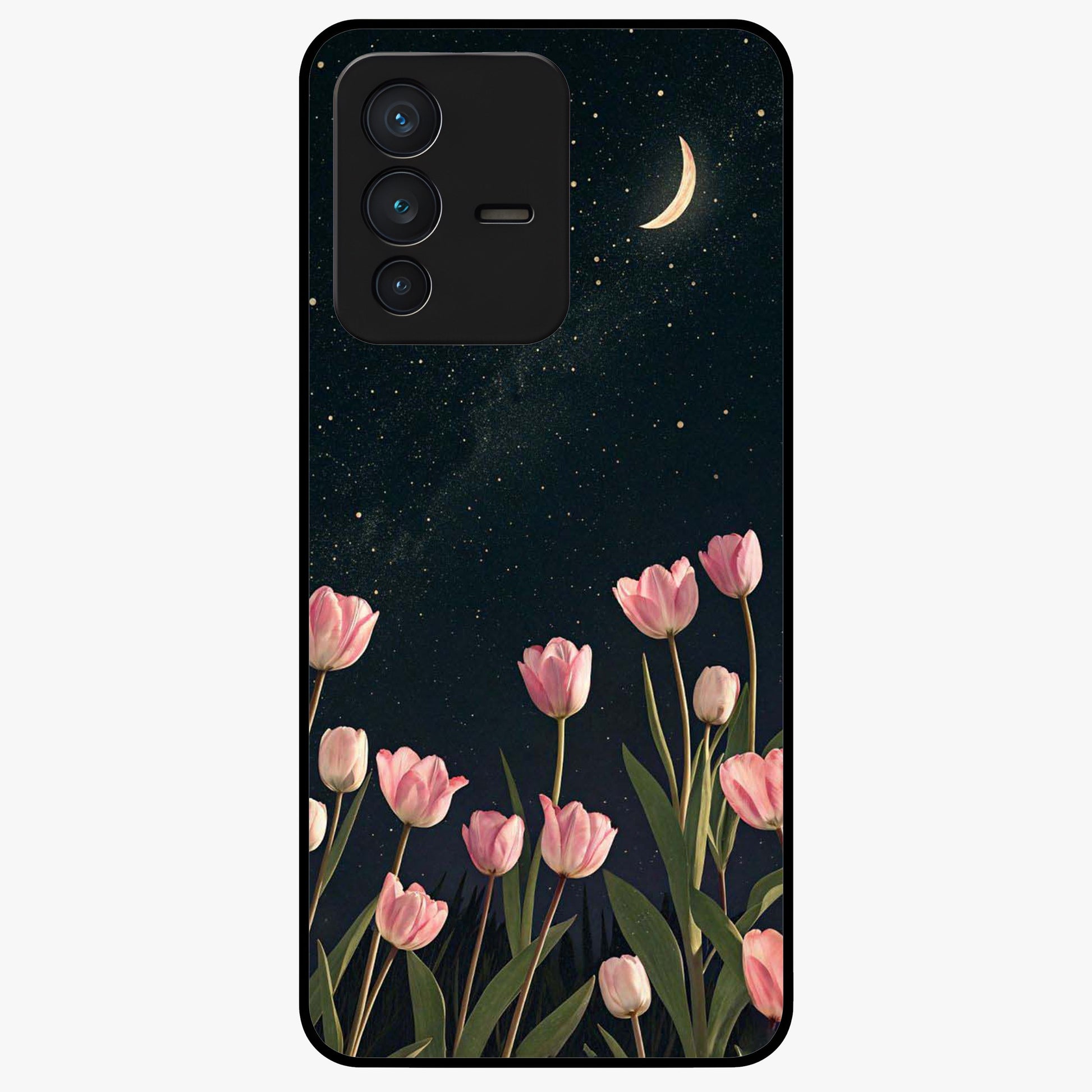 Midnight Tulip Whispers Vibe Glass Case showing flat back view with elegant tulip flower artwork and glossy glass finish.
