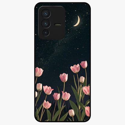 Midnight Tulip Whispers Vibe Glass Case showing flat back view with elegant tulip flower artwork and glossy glass finish.