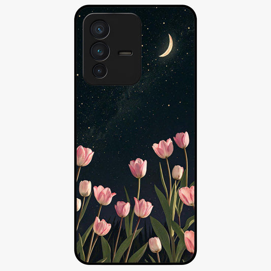 Midnight Tulip Whispers Vibe Glass Case showing flat back view with elegant tulip flower artwork and glossy glass finish.