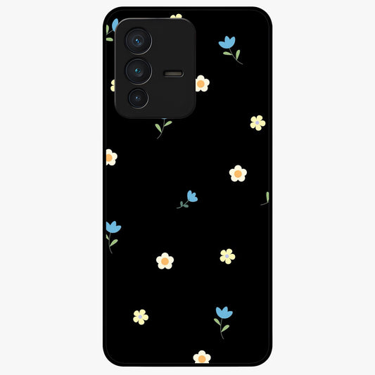 Minimalistic Blue With White Flower Pattern Glass Case showing flat back view with blue background and white flower pattern and glossy glass finish.