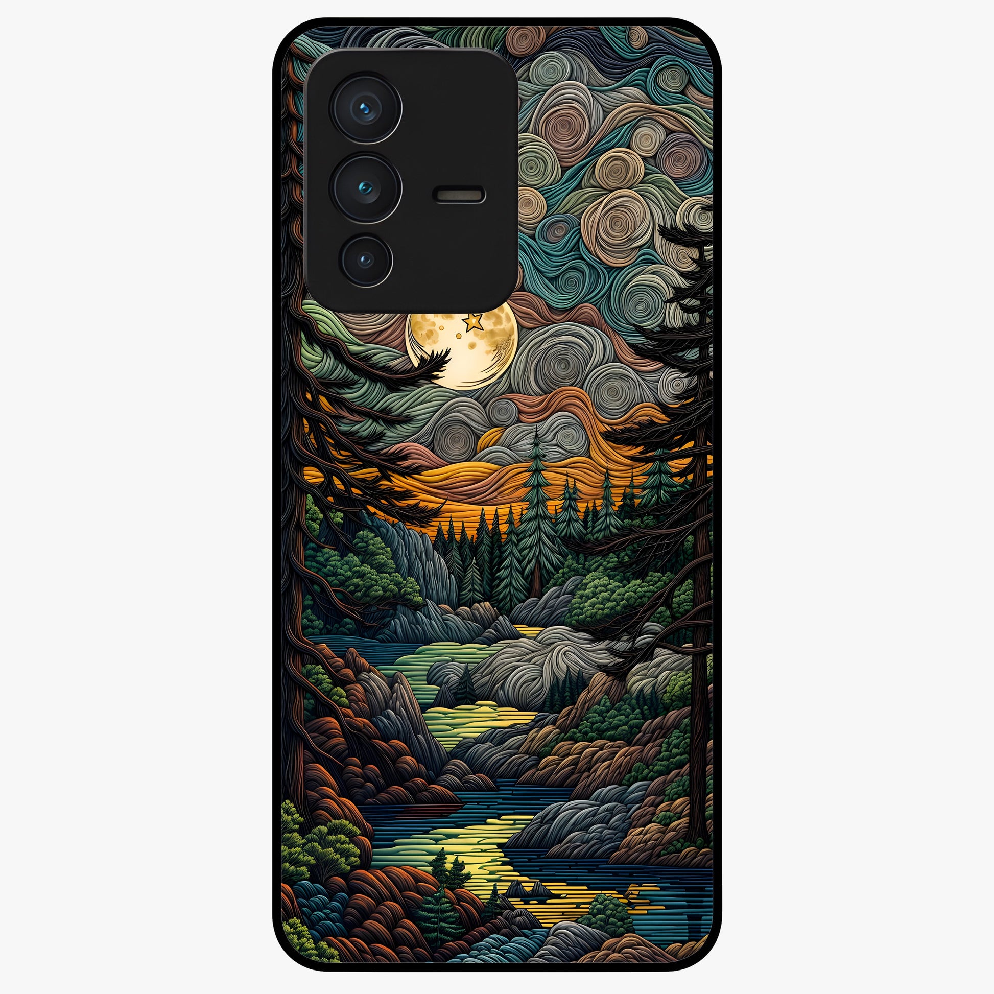 Moonlight Forest Dream Glass Case showing flat back view with mystical forest moonlight artwork and glossy glass finish.