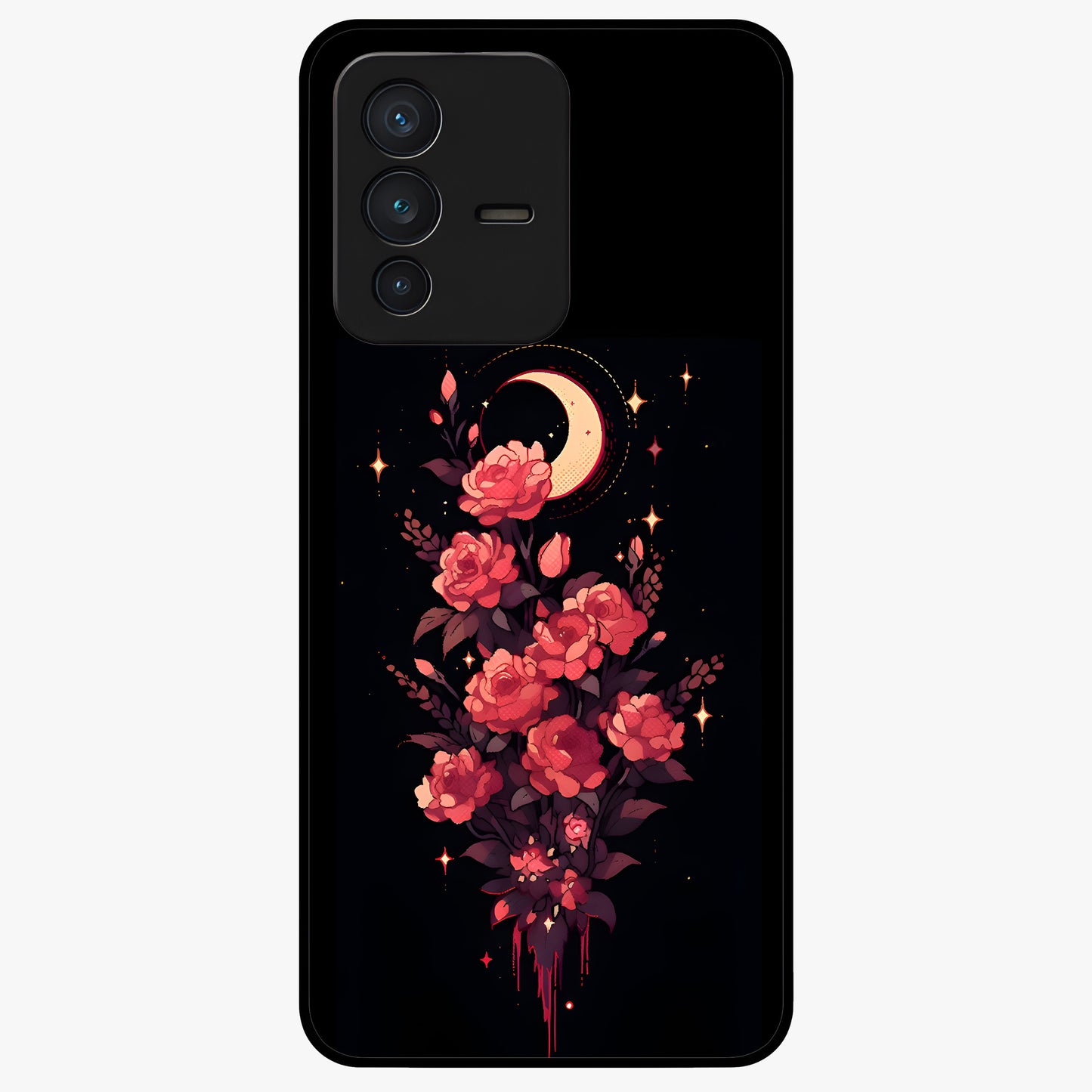 Moonlit Floral Elegance Glass Case showing flat back view with elegant floral artwork under moonlit tones and glossy glass finish.