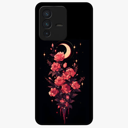 Moonlit Floral Elegance Glass Case showing flat back view with elegant floral artwork under moonlit tones and glossy glass finish.