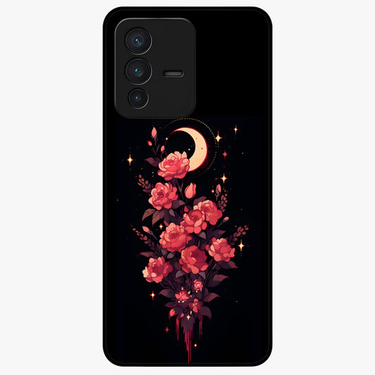 Moonlit Floral Elegance Glass Case showing flat back view with elegant floral artwork under moonlit tones and glossy glass finish.