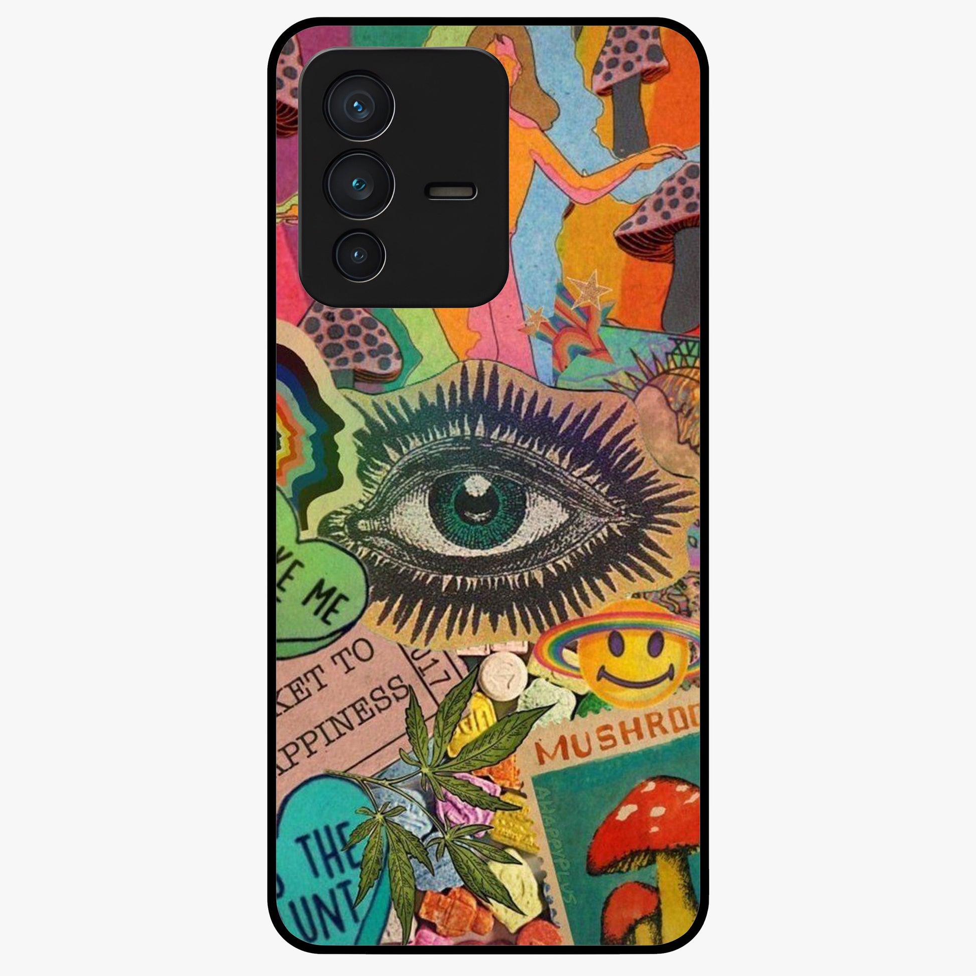 Mystic Eye Wonderland Glass Case showing flat back view with mystical eye themed artwork and glossy glass finish.