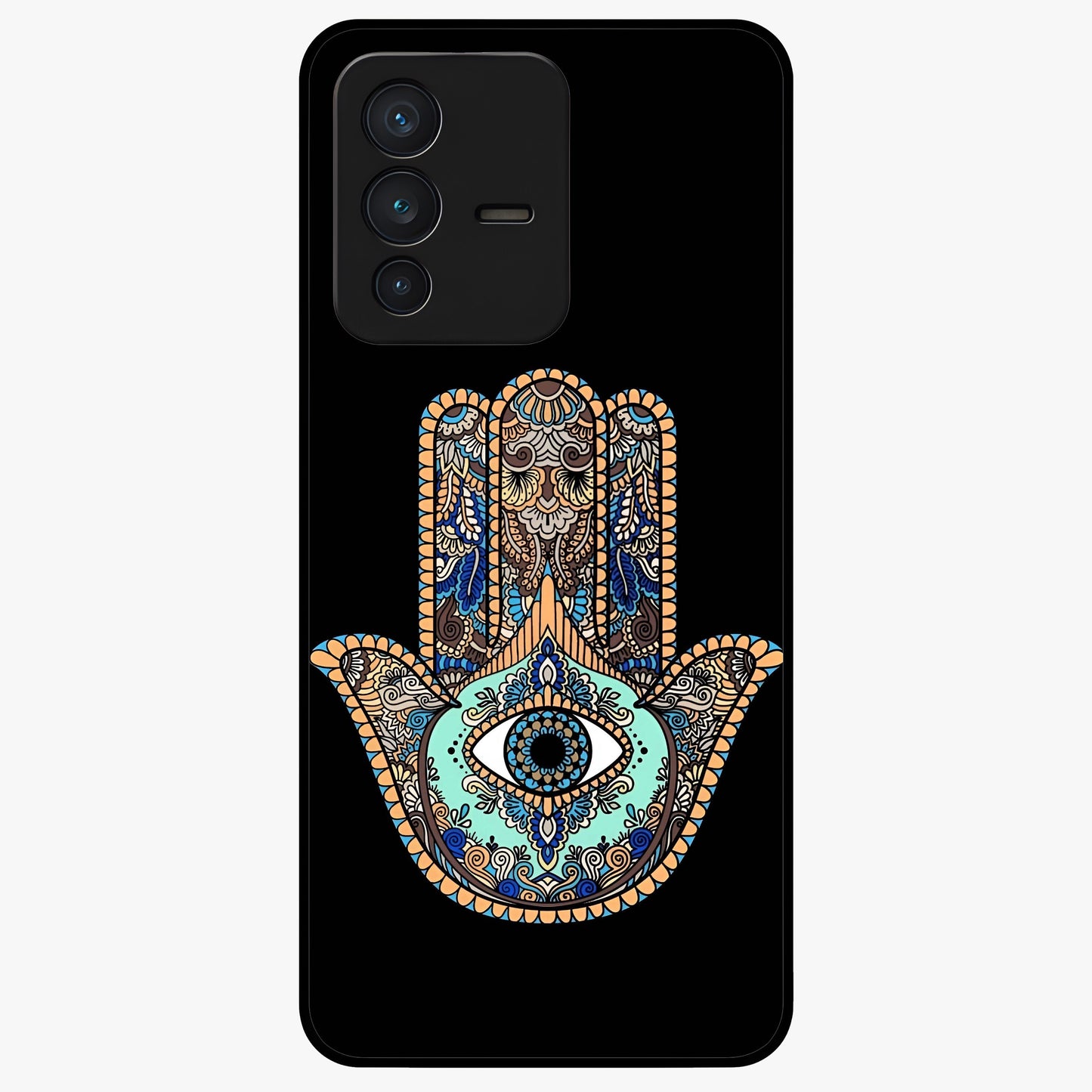 Mystic Hamsa Eye Glass Case showing flat back view with protective hamsa hand and evil eye artwork and glossy glass finish.