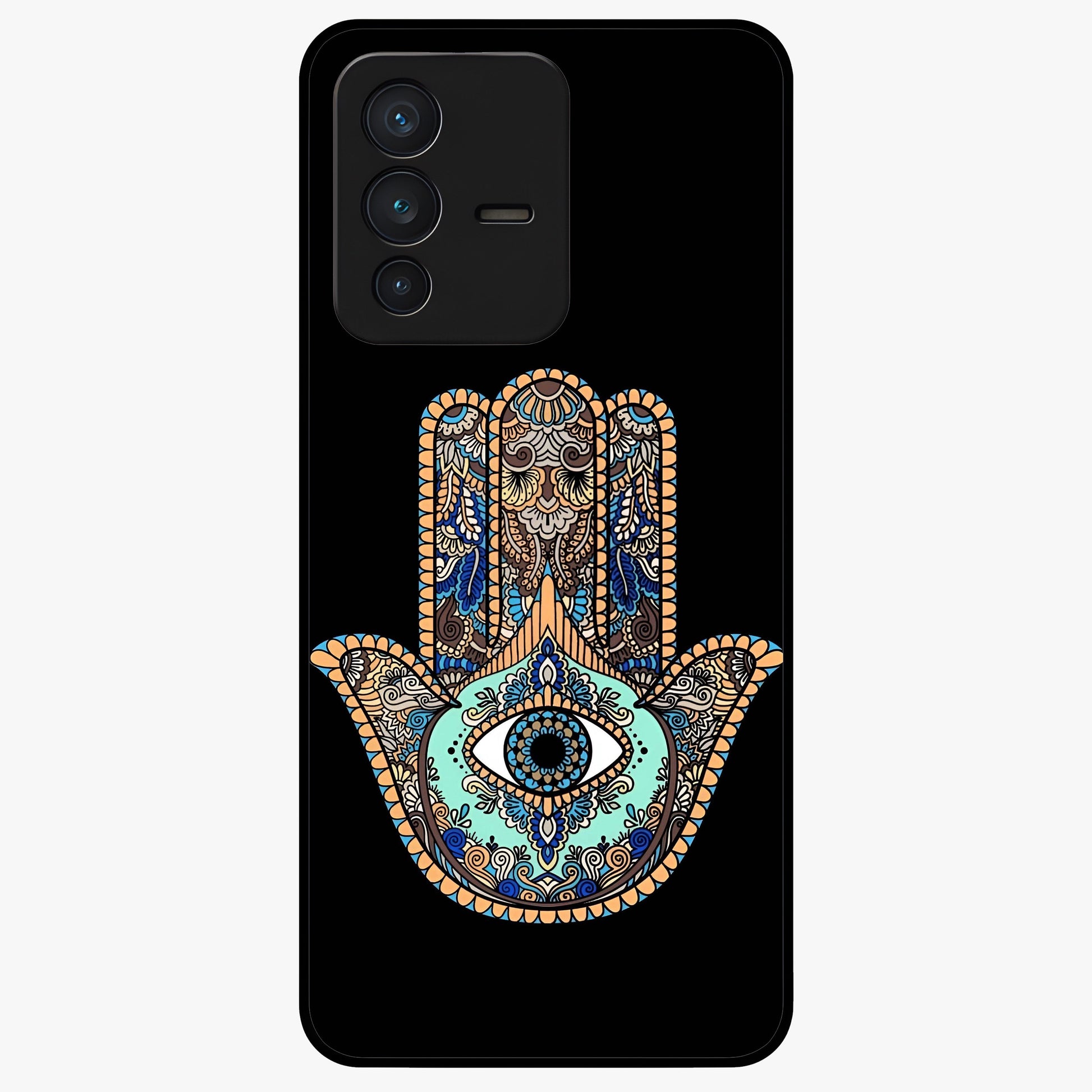 Mystic Hamsa Eye Glass Case showing flat back view with protective hamsa hand and evil eye artwork and glossy glass finish.