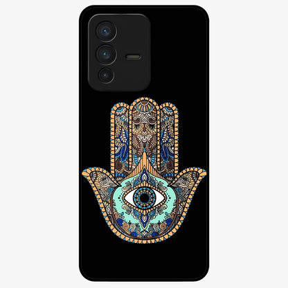 Mystic Hamsa Eye Glass Case showing flat back view with protective hamsa hand and evil eye artwork and glossy glass finish.