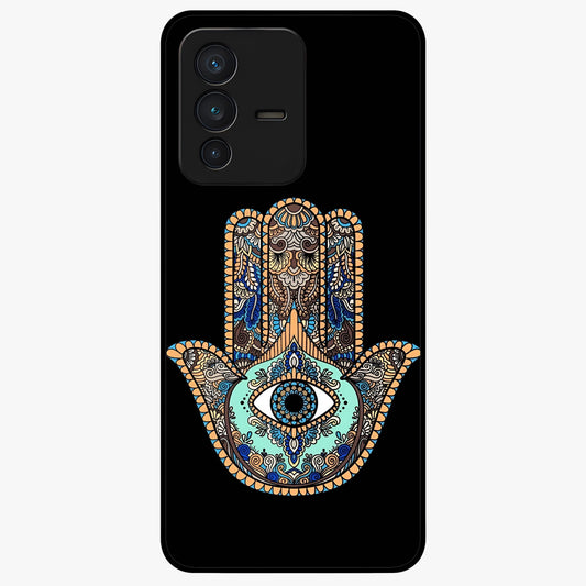 Mystic Hamsa Eye Glass Case showing flat back view with protective hamsa hand and evil eye artwork and glossy glass finish.