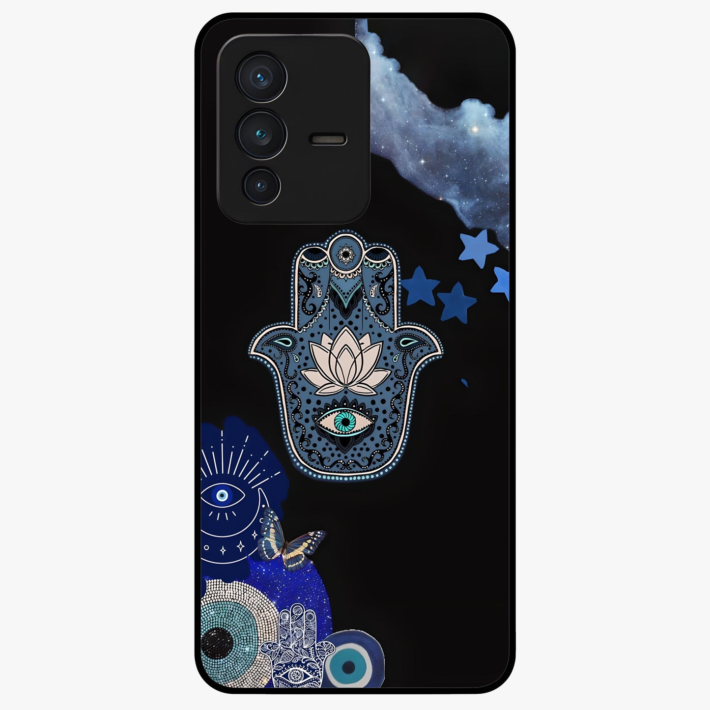 Mystic Hand Aura Glass Case showing flat back view with mystical hand symbol artwork and glossy glass finish.