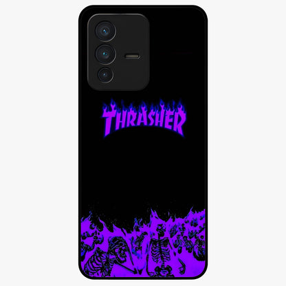 Neon Flame Riot Glass Case showing flat back view with neon flame artwork and glossy glass finish.