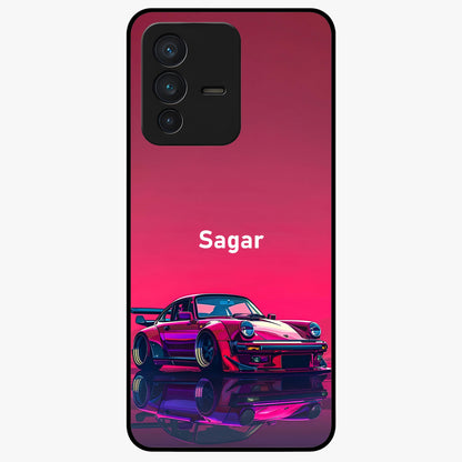 Neon Pink Porsche Glass Case showing flat back view with stylish sports car artwork and glossy glass finish.