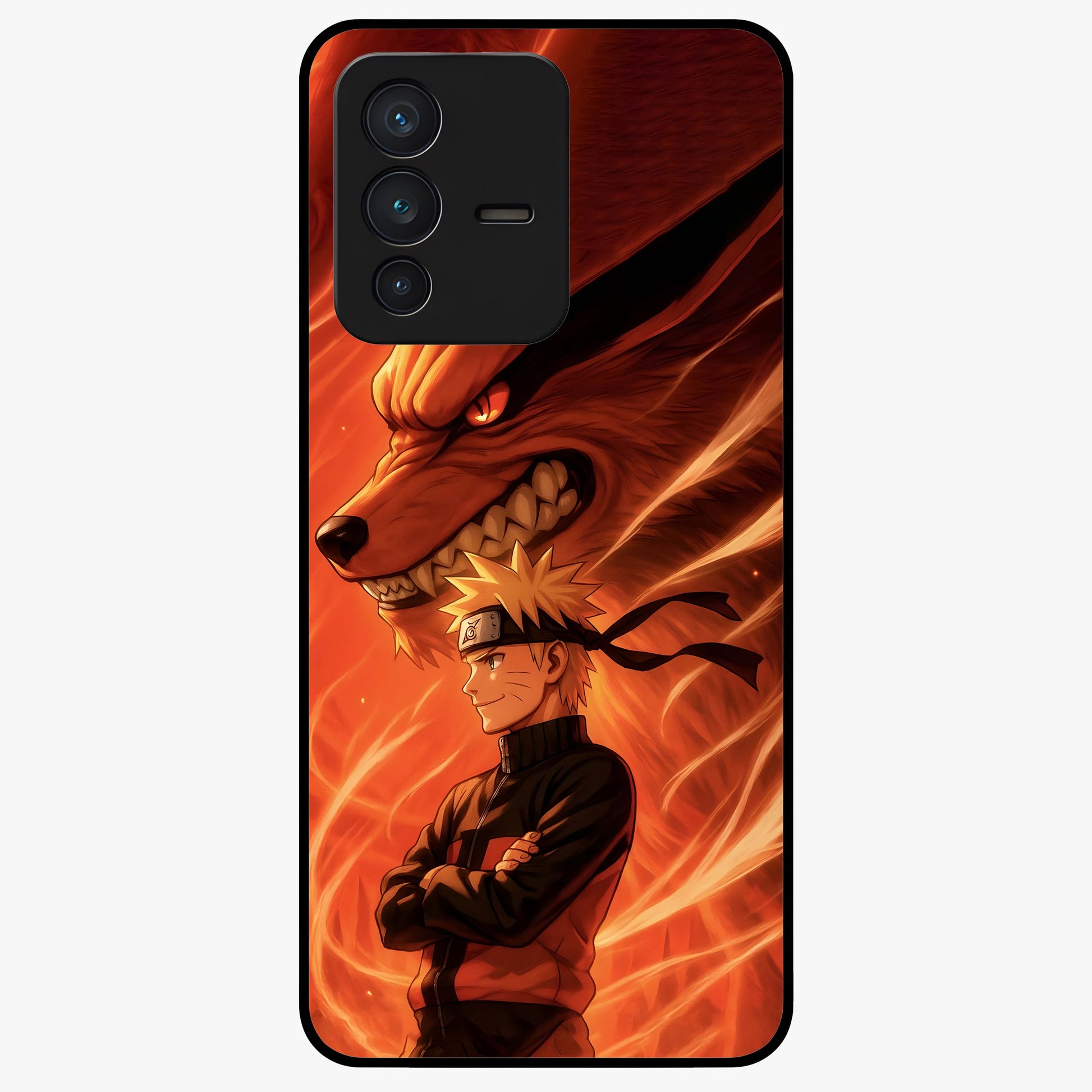 Nine Tails Legacy Glass Case showing flat back view with powerful nine-tailed fox inspired artwork and glossy glass finish.