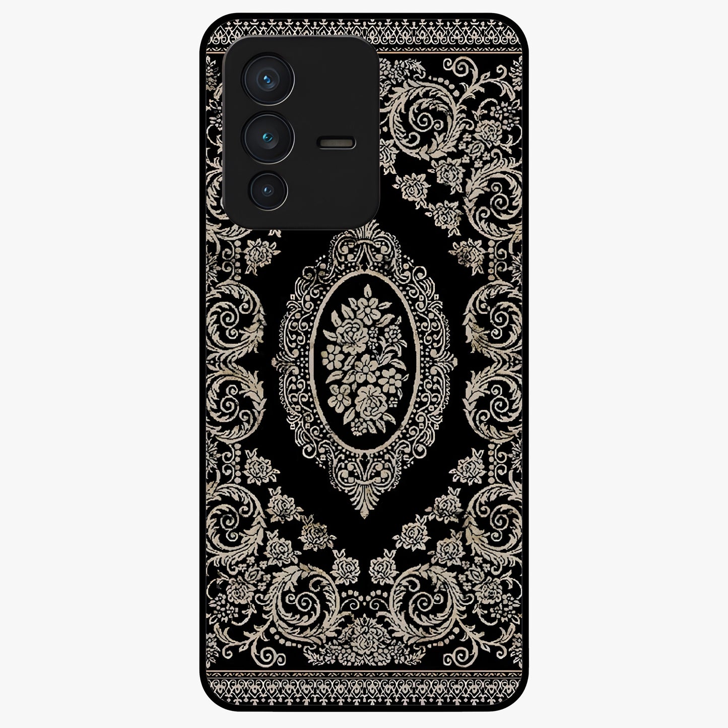 Noir Bloom Elegance Glass Case showing flat back view with elegant dark floral artwork and glossy glass finish.