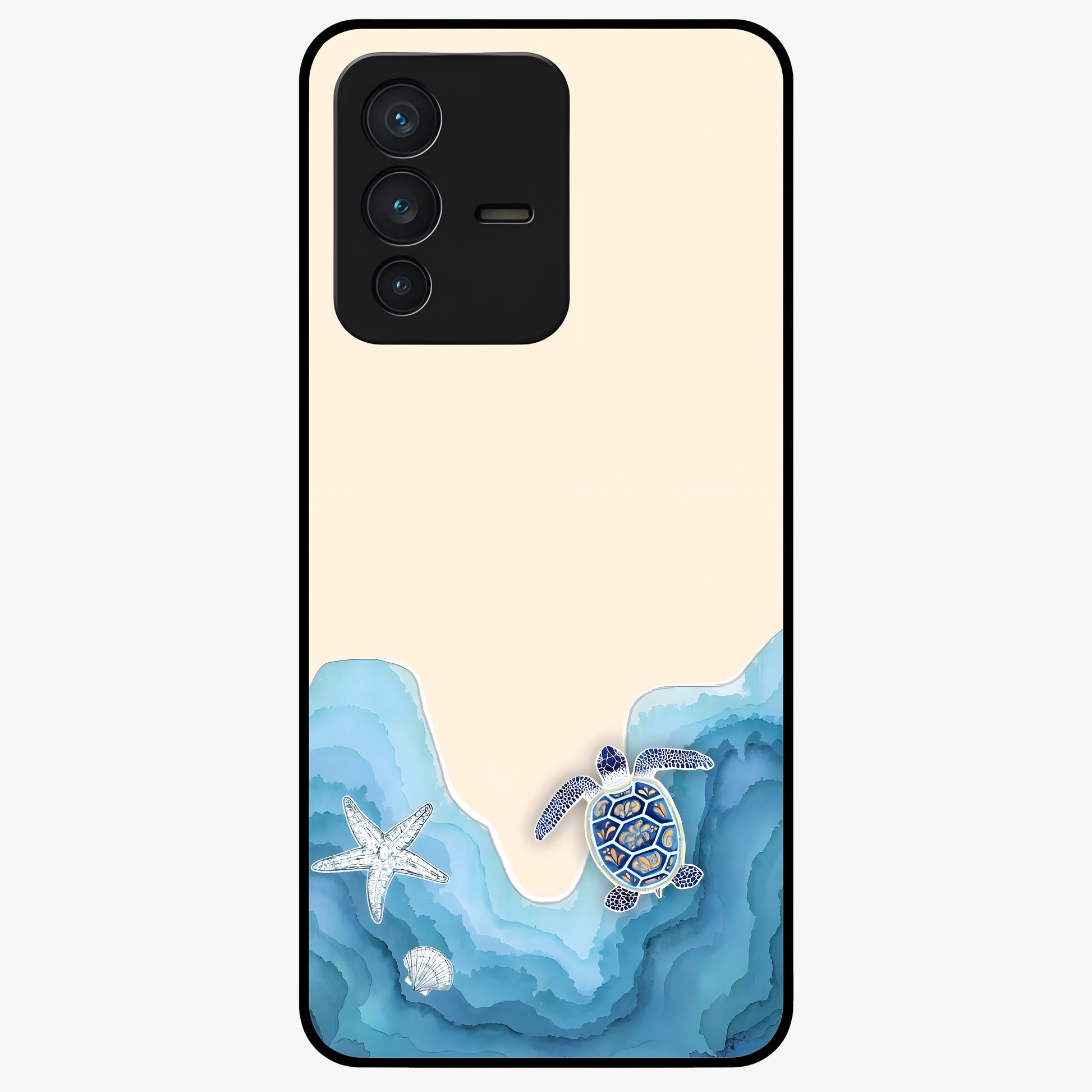 Ocean Drift Turtle Glass Case showing flat back view with sea turtle artwork and glossy glass finish.