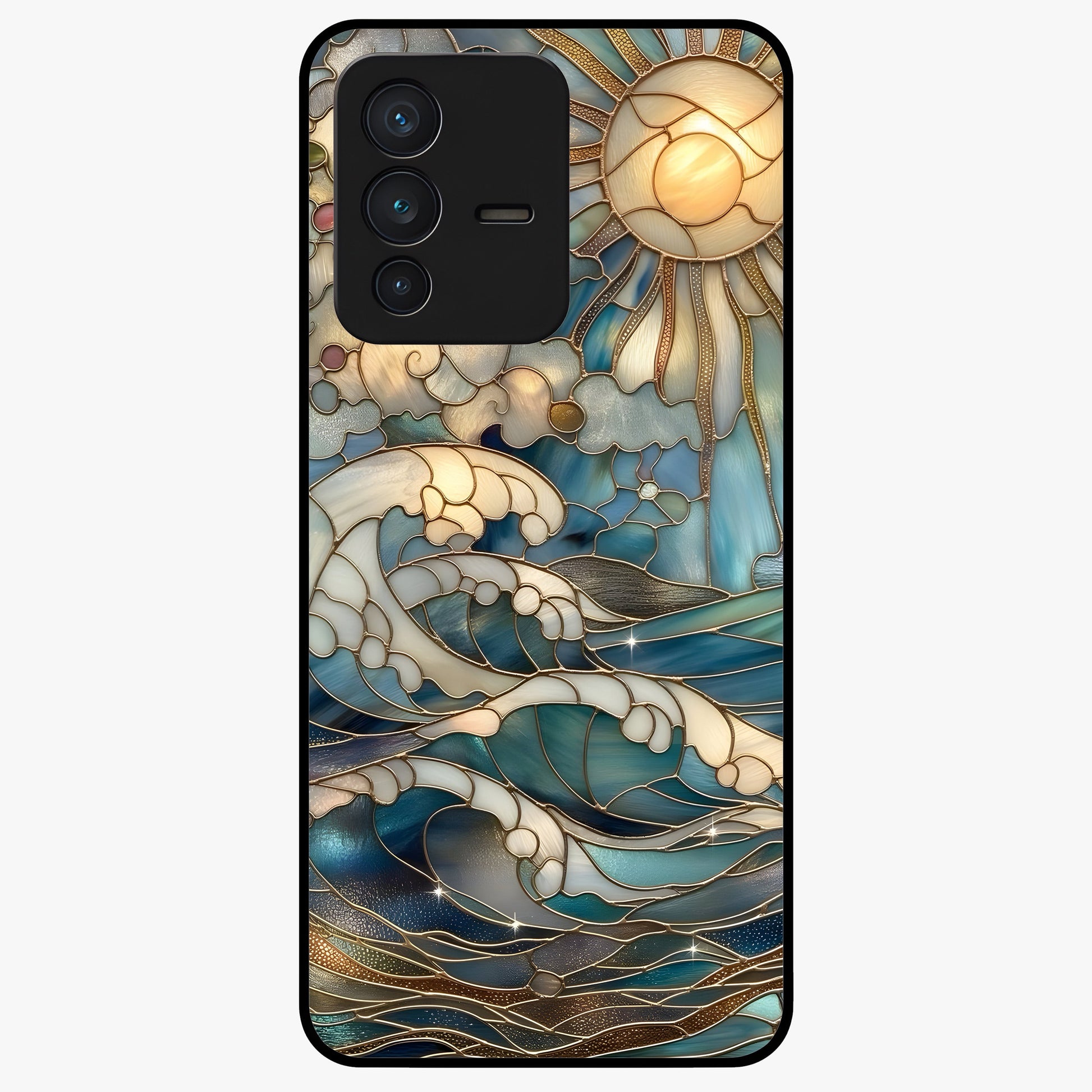 Oceanic Stained Printed Glass Case showing flat back view with ocean inspired stained pattern artwork and glossy glass finish.