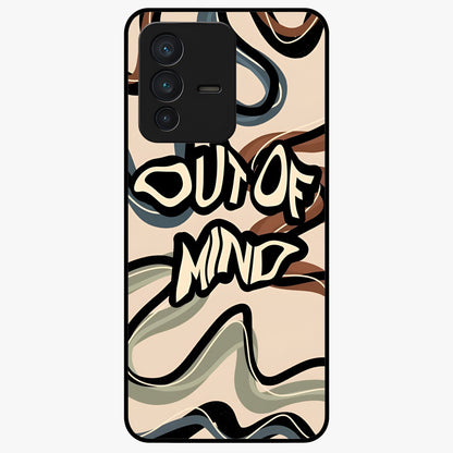 Out Of Mind Glass Case showing flat back view with expressive typography artwork and glossy glass finish.