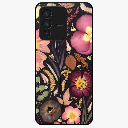 Petal Dream Tapestry Glass Case showing flat back view with intricate floral tapestry artwork and glossy glass finish.