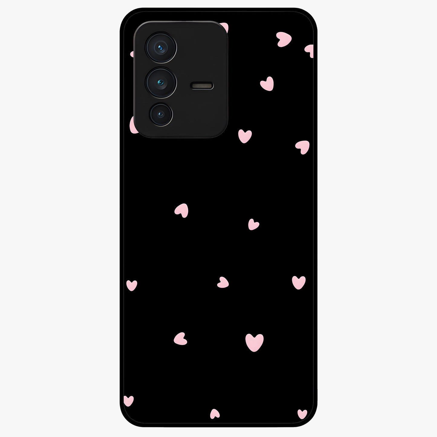 Pink Love Drops Glass Case showing flat back view with playful pink heart drops artwork and glossy glass finish.