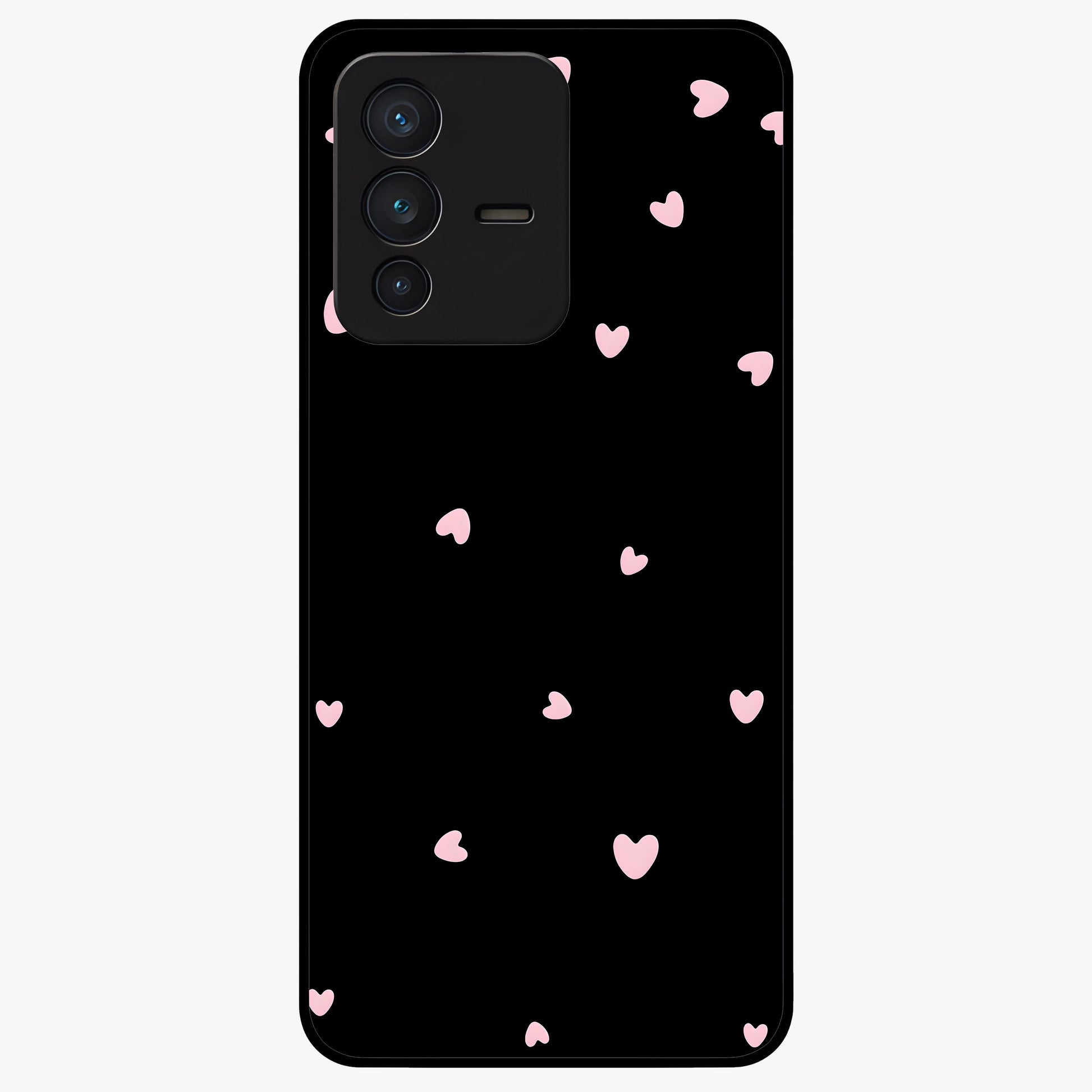Pink Love Drops Glass Case showing flat back view with playful pink heart drops artwork and glossy glass finish.