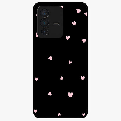Pink Love Drops Glass Case showing flat back view with playful pink heart drops artwork and glossy glass finish.