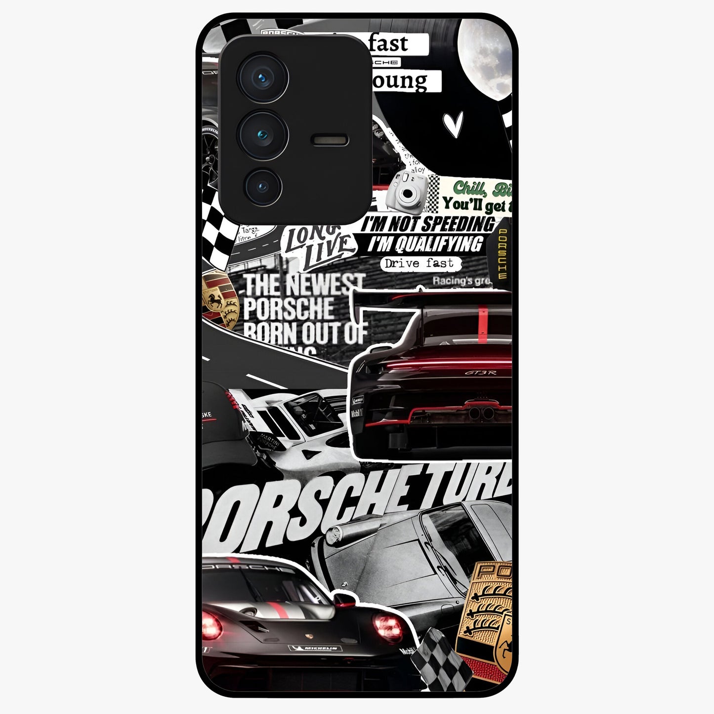 Porsche Racing Collage Glass Case showing flat back view with sports car racing collage artwork and glossy glass finish.