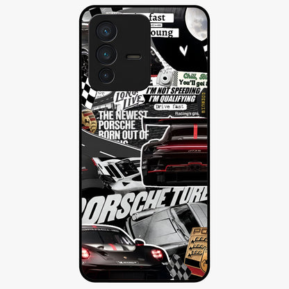 Porsche Racing Collage Glass Case showing flat back view with sports car racing collage artwork and glossy glass finish.