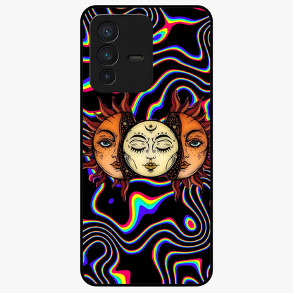 Psychedelic Sun Glass Case showing flat back view with colorful psychedelic sun artwork and glossy glass finish.