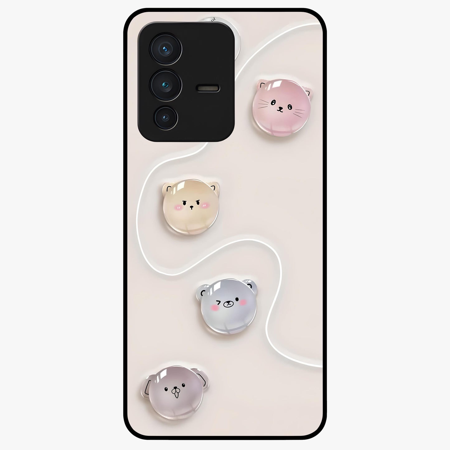 Puffy Face Parade Glass Case showing flat back view with cute puffy character faces artwork and glossy glass finish.